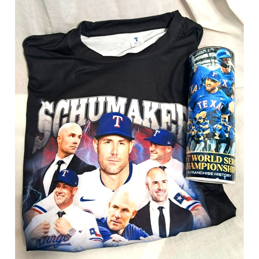 Texas Rangers Schumaker Shirt 2023 World Champs 20oz Stainless Steel Tumbler Set
